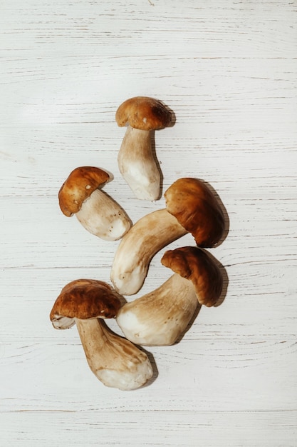 Boletus edulis sobre una mesa hecha de pizarras blancas preparación para comer