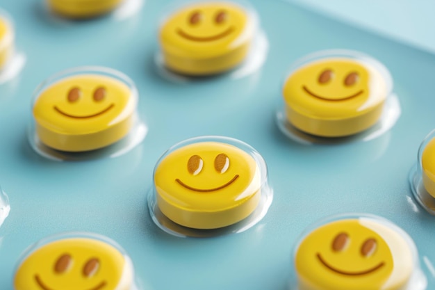 Bolha com comprimidos amarelos sorridente comprimidos farmácia remédio sorriso emoji vitaminas pílulas alegres com rostos desenhados o riso é o melhor medicamento antidepressivos conceito