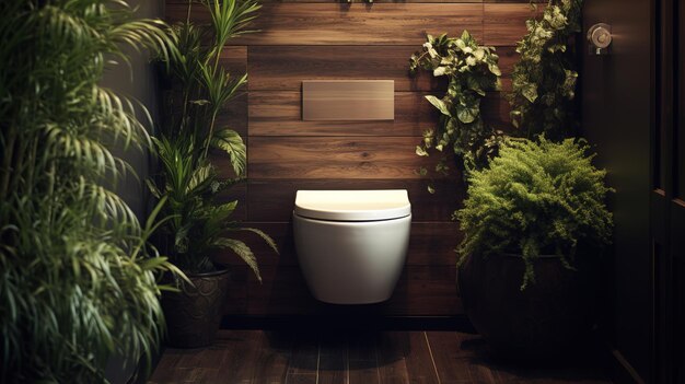Bolha de banheiro branca em uma planta de parede de madeira de banheiro