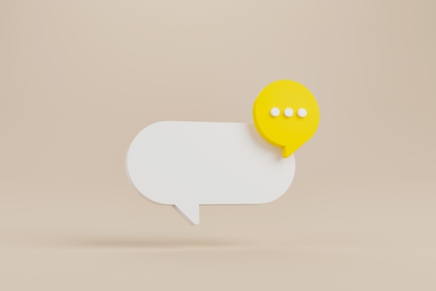 Bolha de fala branca e amarela no fundo Ícone de bate-papo simbólico Mensagem online Comentário ou conceito de comunicação 3d render