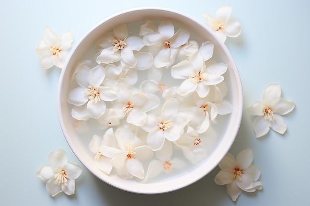 Bolha de porcelana branca com pétalas de flores flutuando na superfície da água como um símbolo de esperança e renovação