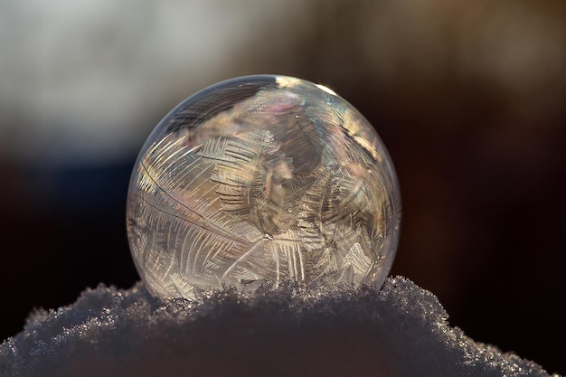 Bolha de sabão congelada com um belo padrão na neve fechada sobre um fundo desfocado