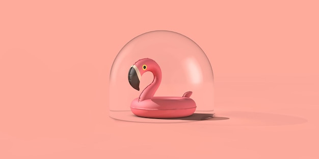 Bolha de viagens de férias de coronavírus. Flamingo em uma bolha protetora 3D Rendering.