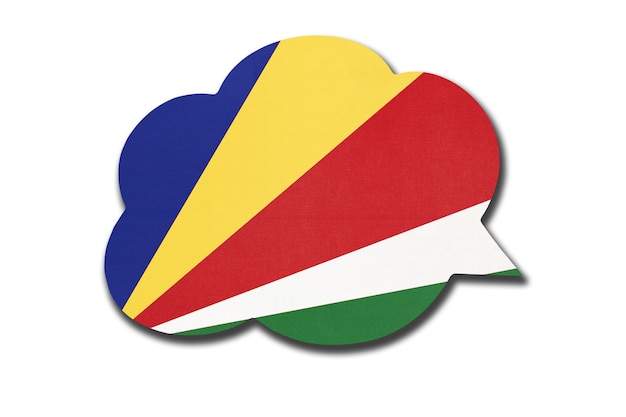 Bolha do discurso 3D com a bandeira nacional das Seychelles, isolada no fundo branco. Símbolo do país. Sinal de comunicação mundial.