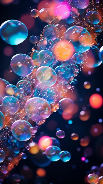 Foto bolhas coloridas flutuando em um fundo escuro