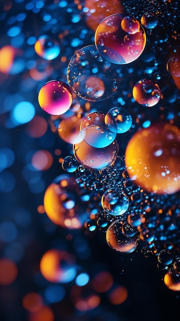 Foto bolhas coloridas flutuando num líquido azul escuro