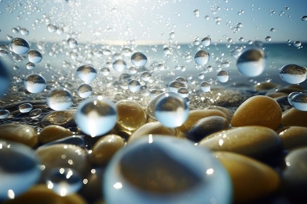 Bolhas de água na praia com o sol brilhando sobre elas