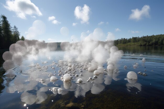 Bolhas de dióxido de carbono estourando da superfície de um lago