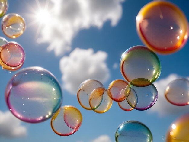 Foto bolhas de sabão claras e coloridas flutuam no céu.