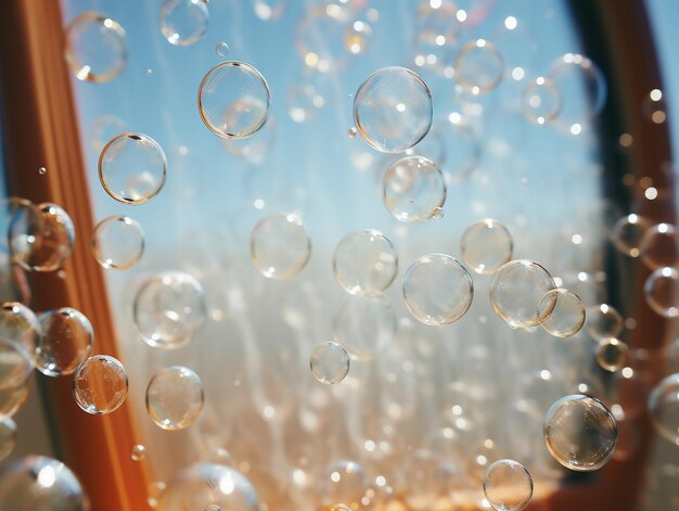 Foto bolhas de sabão flutuando em uma janela geradora de ia