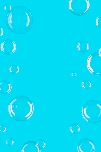 Foto bolhas de sabão no fundo azul com renderização 3d realista de espaço tímido