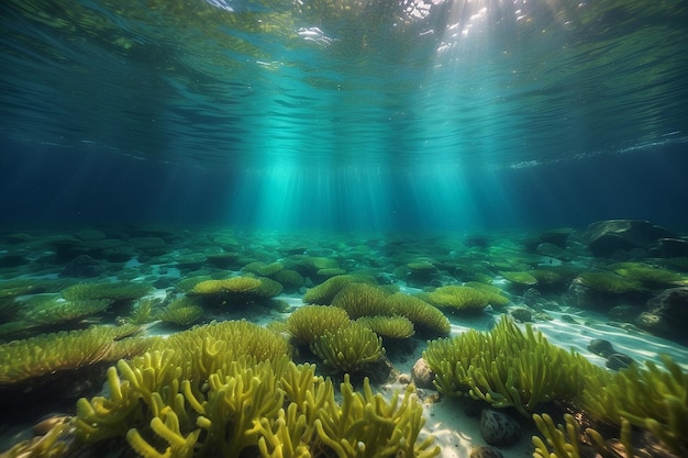 Bolhas e bokeh debaixo d'água no claro oceano verde da Califórnia