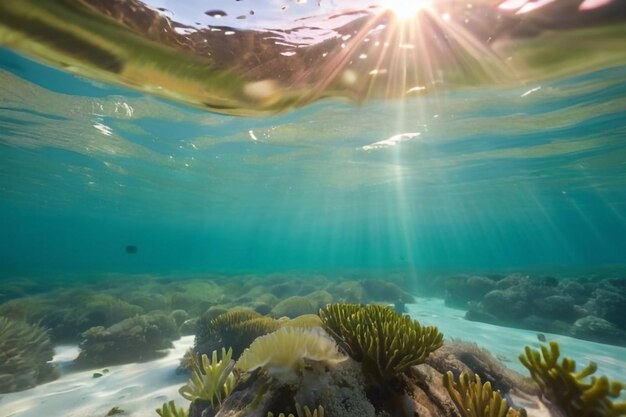 Bolhas e bokeh debaixo d'água no claro oceano verde da Califórnia