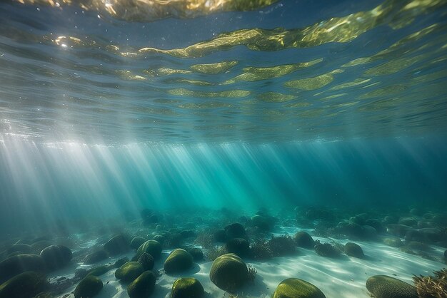 Bolhas e bokeh debaixo d'água no claro oceano verde da Califórnia