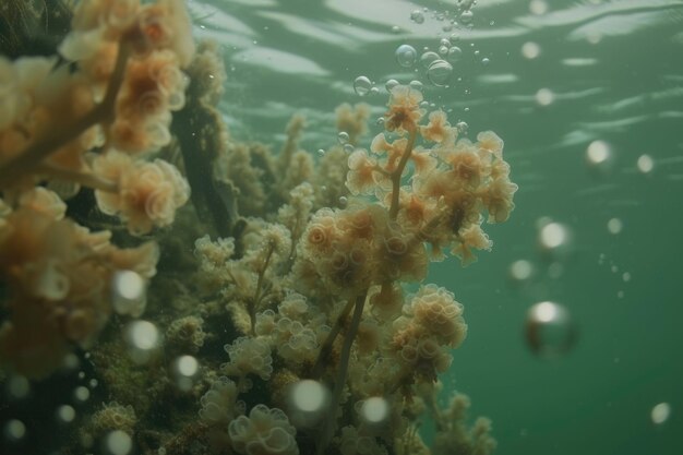 Bolhas e bokeh debaixo d'água no claro oceano verde da Califórnia