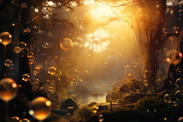 bolhas na noite com o pôr-do-sol no estilo de imagens de floresta atmosférica