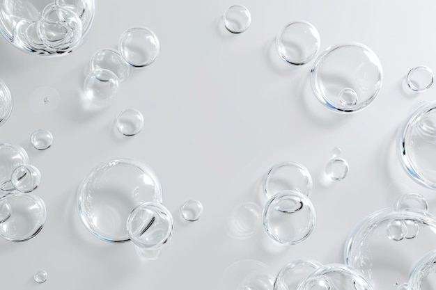 Bolhas transparentes de vidro fluindo sobre um fundo branco