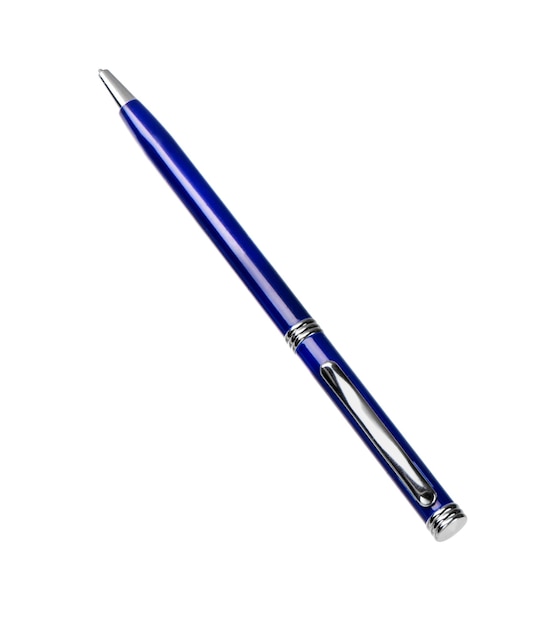 Bolígrafo aislado sobre fondo blanco. Bolígrafo azul cortado. Bolígrafo biro desechable blanco.