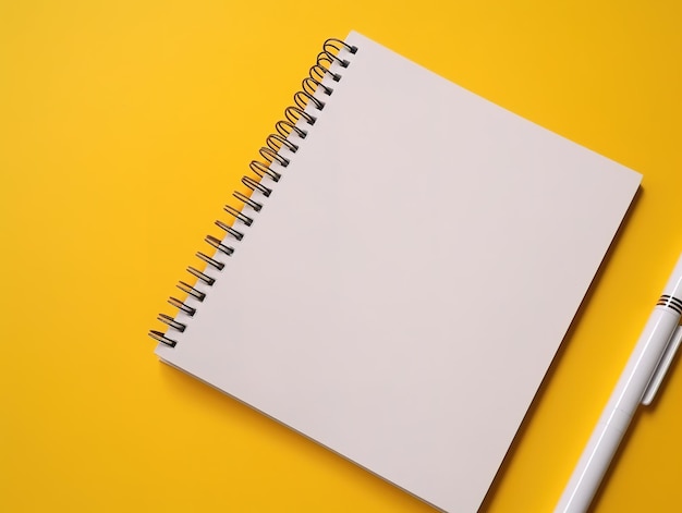 Un bolígrafo blanco se encuentra encima de un cuaderno sobre un fondo amarillo.