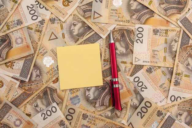 Bolígrafo y bloc de notas vacío en moneda polaca. concepto de negocio
