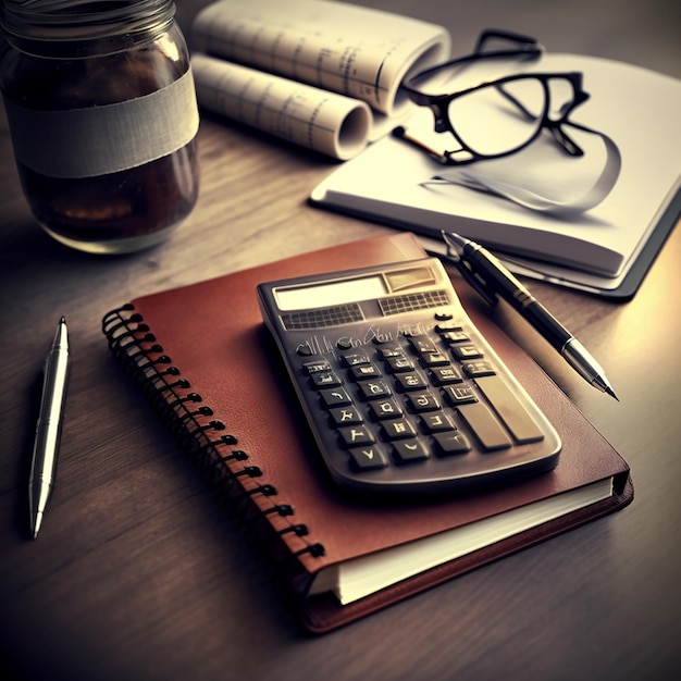 Un bolígrafo y gafas están sobre una mesa junto a un cuaderno.