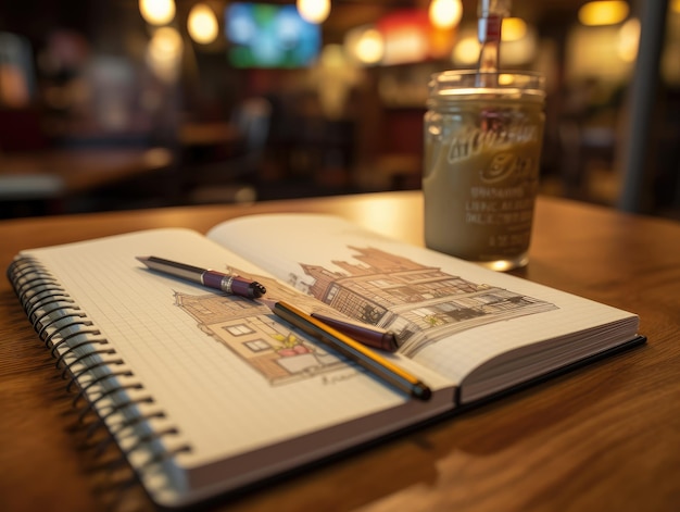 Un bolígrafo, un libro y una taza están en la mesa.