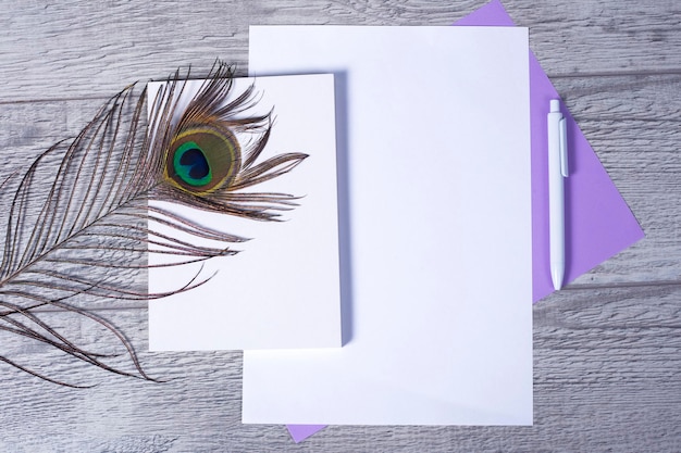 Foto un bolígrafo de papel con una pluma de pavo real