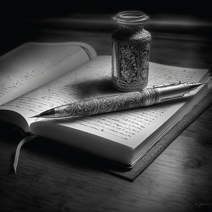 Un bolígrafo se sienta encima de un libro con un frasco.