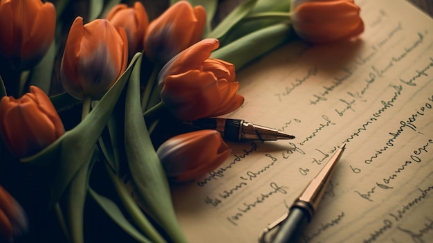 un bolígrafo en un trozo de papel con la palabra tulipanes en él