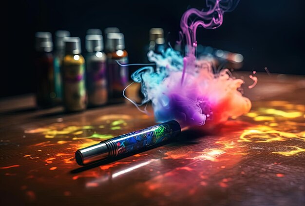 Foto un bolígrafo de vapor de colores sobre una mesa al estilo de salpicaduras texturizadas