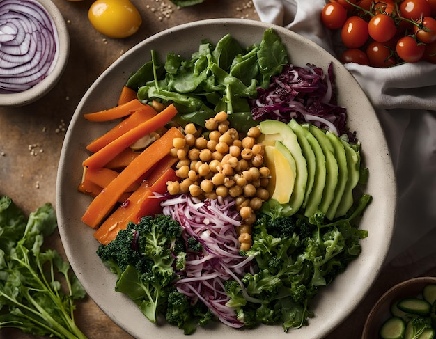 Foto bolinha de buda vegetariana com salada de vegetais frescos e grão-de-bico