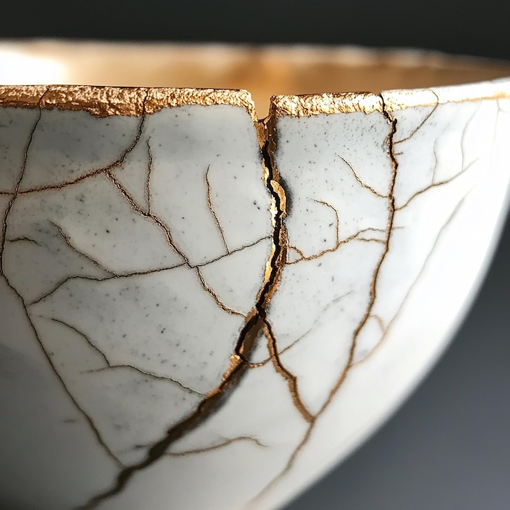 Foto bolinha de kintsugi japonesa, panela de arte de linha rachada