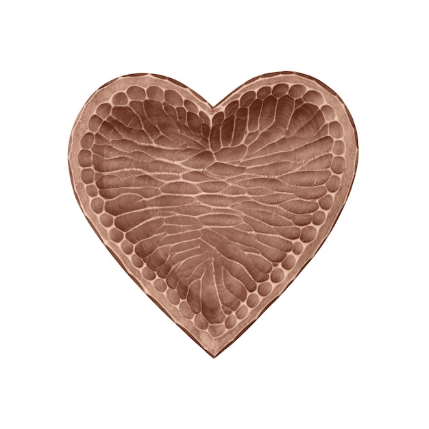 Bolinha de madeira castanha em forma de coração isolada em branco