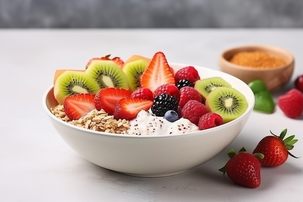 Bolinha de pequeno-almoço com iogurte de quinoa, frutas frescas e granola