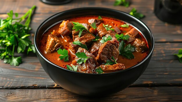 Foto bolinha preta com delicioso guisado de carne e salsa em fundo de madeira generative ai