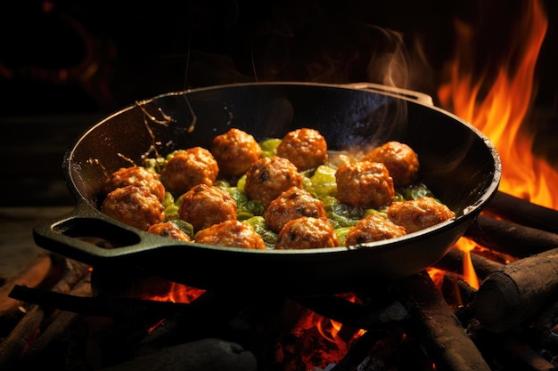 Bolinhas de carne a ferver na frigideira.