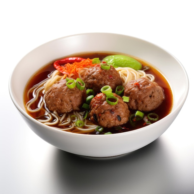 Bolinhas de carne Bakso e macarrão com sopa servida molho de pimentão indonésia comida em arco ou prato vista superior em