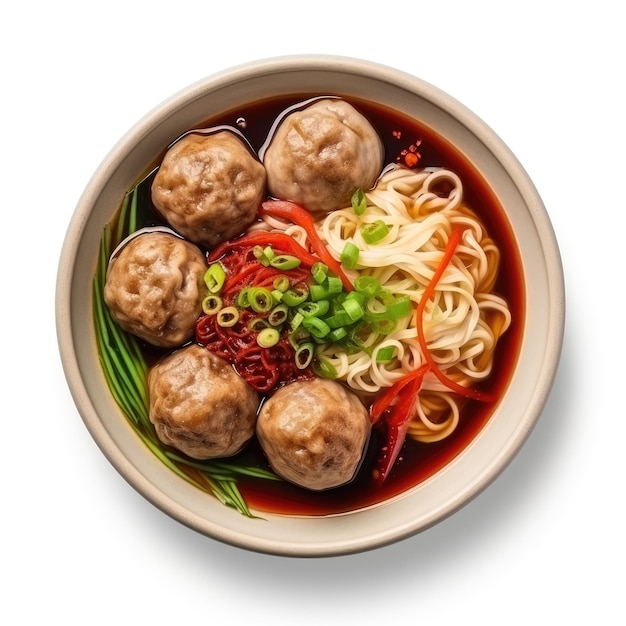 Bolinhas de carne Bakso e macarrão com sopa servida molho de pimentão indonésia comida em arco ou prato