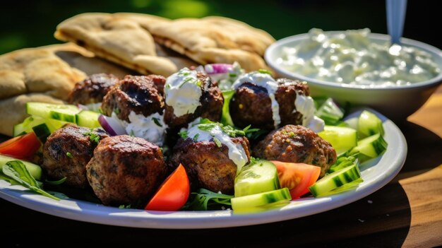 Bolinhas de carne gregas coloridas com pão Pita e Tzatziki Dip Deliciosa ideia de almoço ou jantar