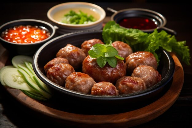 Foto bolinhas de carne guay jap vietnamitas salsicha de porco e osso de porco comida tailandesa