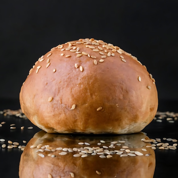 Foto bolinho com sementes de gergelim sobre um fundo preto com gotas de água