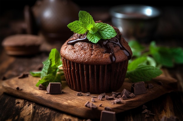 bolinho cozido de chocolate escuro com hortelã em uma mesa de madeira