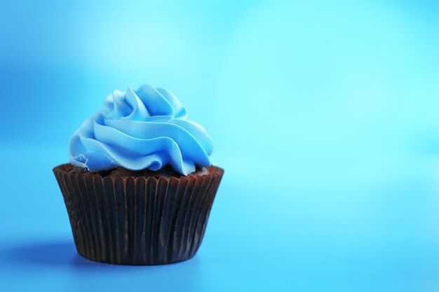 Bolinho de chocolate em fundo azul