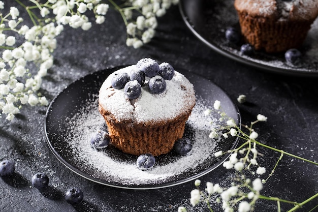 Bolinho de muffin de mirtilo com mirtilo fresco em um prato