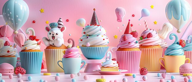 Bolinhos coloridos e deliciosos com cobertura rosa e salpicaduras perfeitos para uma festa de aniversário ou qualquer ocasião especial
