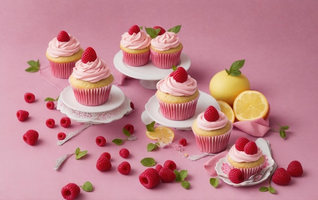 Bolinhos com creme e framboesas sobre um fundo rosa simples