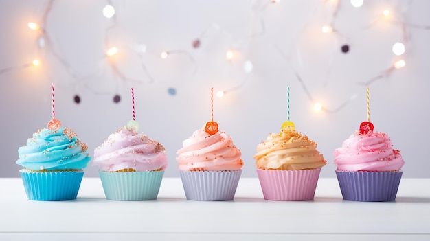 Bolinhos com uma vela que diz "Feliz aniversário".