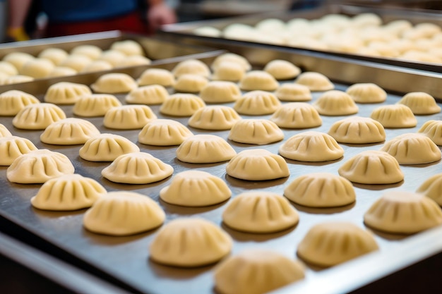 Foto bolinhos crus em uma folha de assar em uma cozinha de restaurante em close-up