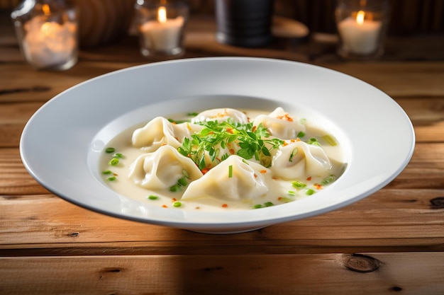 Bolinhos de camarão com sopa de wonton delicioso servido em uma tigela de comida papel de parede de imagem