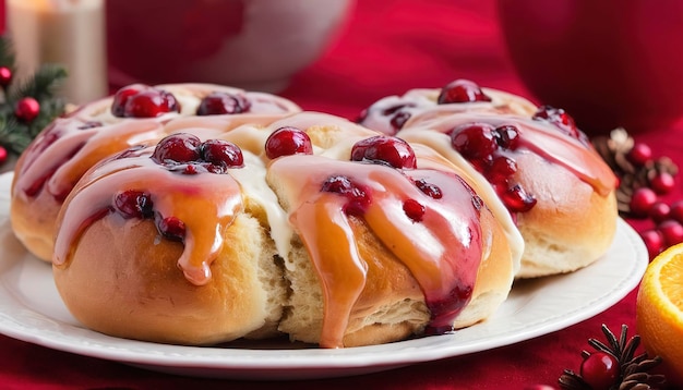 Foto bolinhos de canela com cranberry e esmalte de laranja para o pequeno-almoço de natal